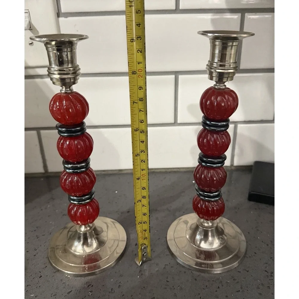 Vtg Silver Tone Red Glass Beads Candle Stick Holders Set Of 2
